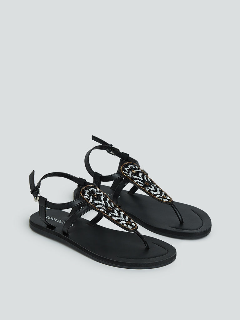 LUNA BLU Black Embellished T-Strap Sandals